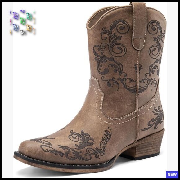 Chunky Heel Ankle Boots Square Toe Western Cowgirl Retro Vintage Style